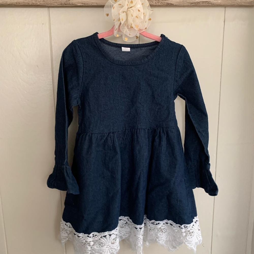 Charming Navy Blue Kids Dress with Lace Trim